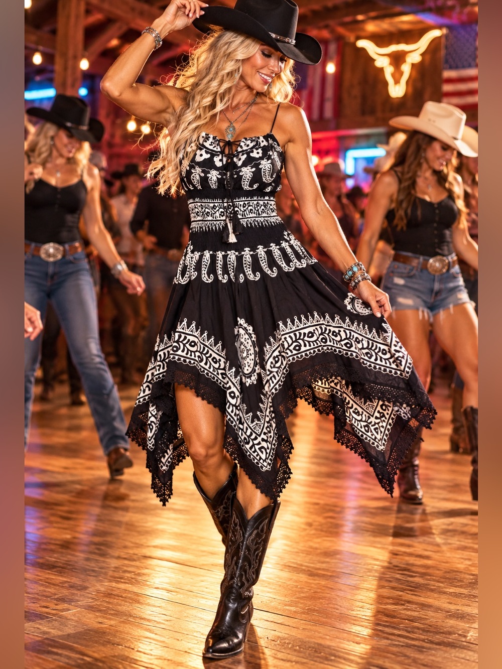 🖤 Boho Black & White Handkerchief Dress — Free Size